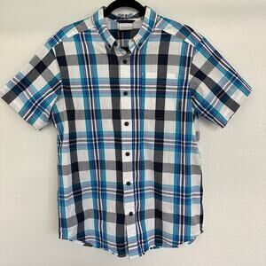 Columbia Plaid Blue White Button Front Collared Short Sleeve Mens Shirt Medium